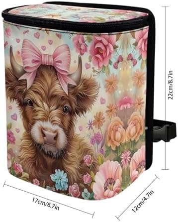 DISNIMO FlowerHighland Cow Car Trash Can with Lid Collapsible Reusable Car Garage Bag Trash Bin, Automotive Garbage Can,Car Accessories Interior Car Organizer, Pink