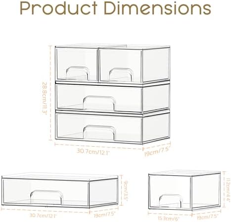 Criusia Stackable Storage Drawers, 4 Pack Clear Plastic Makeup & Bathroom Organizer, Versatile Storage Bins for Vanity, Under Sink, Kitchen Cabinets & Pantry