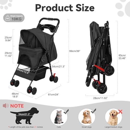 Dog Stroller, Foldable 4-Wheel Pet Strolling Cart for Small/Medium Dogs & Cats, Easy One-Button Fold, 360 Swivel Wheels & Rear Brakes, Breathable Mesh, Cup Holder & Storage for All-Season Use