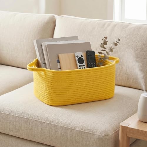 Large Yellow Gift Basket, 16.5"x12.5"x7" Woven Baskets for Gifts Empty, Cotton Rope Storage Bin for Baby Blankets, Clothes, Shoes, Dog Toy Box, Big Easter Basket, Yellow Room Nursery Decor