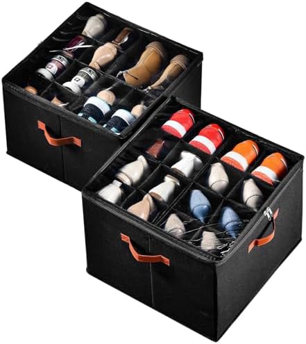 INSTY 2 Pack Shoe Organizer for Closet, Fits up to 32 Pairs, Adjustable Dividers for Shoe Storage, Fabric Shoe Storage Bins with Clear Cover, Black