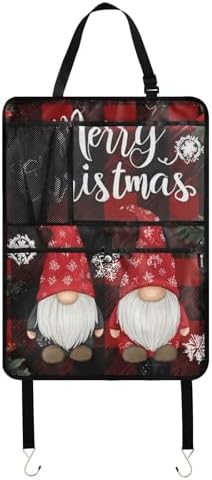 2 Pack Back Seat Car Organizer with Storage Pockets Kick Mats Back Seat Protector Hanging Car Organizer Automotive Seat Back Cover Organizers Red and Black Checkered Christmas Gnomes