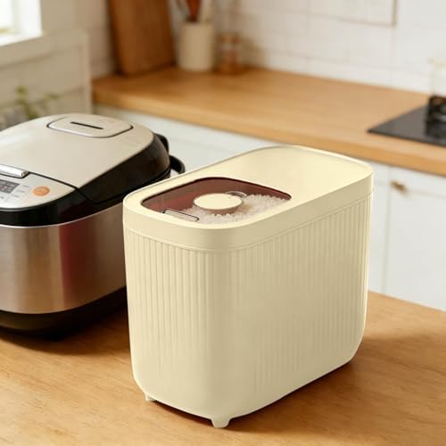 Airtight Rice Storage Container, Dry Food Dispenser with Transparent Sealed Lid for Kitchen Pantry Organization for Storing Rice, Cereal, Flour, Pet Food and Other Dry Ingredients (Beige, L)