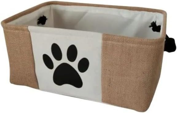 Collapsible Dog Toy Storage Basket – 16"x12" Ivory Linen Fabric Bin with Paw Print – Foldable Pet Toy Organizer for Dogs & Cats, Blankets, Treats & Supplies – Decorative Storage Basket with Handles
