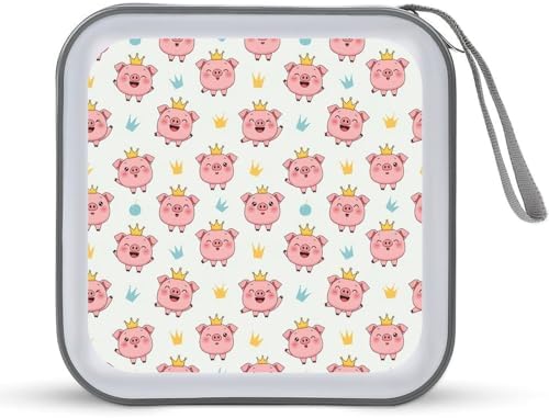 Hard Plastic Protective CD Case Crown Cute Pink Pig, 40-Disc Capacity Storage Binder with Zipper, Portable Organizer for Home Office