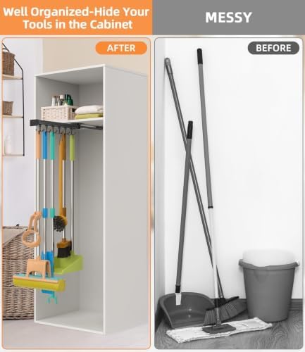 Pull Out Broom Holder With Adjustable Double Row Sliding Hook-Grey 14.2IN | Multifunctional Slide Broom And Mop Storage/Organizer Garage Organization Hooks, for Closet Laundry Garage Kitchen