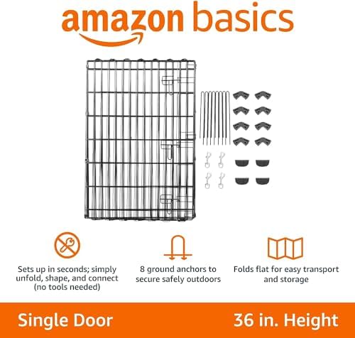 Amazon Basics Foldable Metal Exercise Dog Playpen, Indoor/Outdoor, Single Door, 8 Panels, 36 Inches, Medium, Black