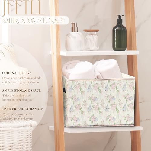 Pink and Blue Hydrangea Coquette Bow Storage Bins with Handles, Grandmillennial Hydrangea Floral Collapsible Laundry Basket Storage Box for Home Bedroom Bathroom Clothes Toys Books