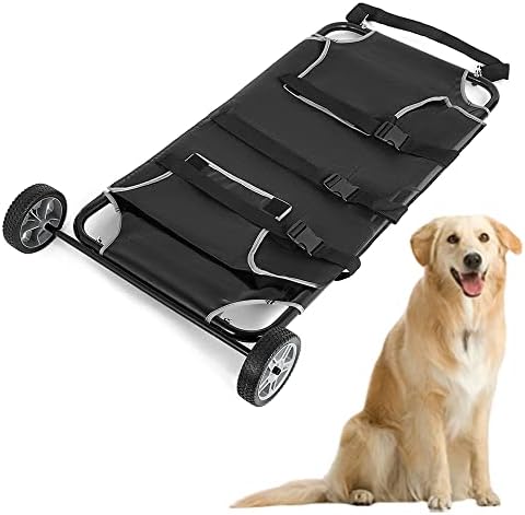 Black Animal Stretcher with Safety Belt and Wheels, Max Loading 110lbs Pet Trolley Veterinary Transport Stretcher, 45x26 Inch Pet Transport Trolley Animal Gurney Carrier for Animal Dog Cat (Foldable)
