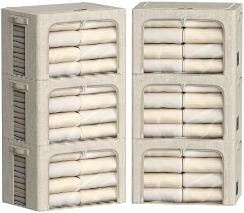 FHSQX 6 Pack Clothes Storage Bins with Metal Frame,Beige, 22L