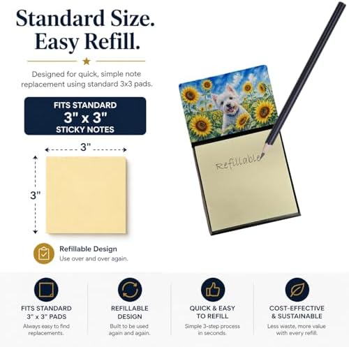 Caroline's Treasures Westie in Sunflowers Watercolor Sticky Note Holder Refillable Dispenser Desk Accessory 3x3 Pad Gift