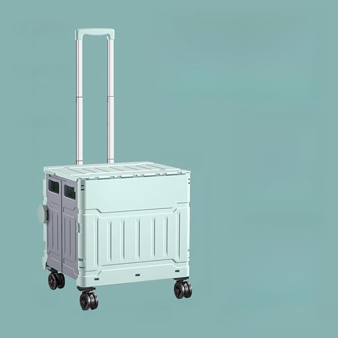 Collapsible Shopping Box Trolley on Wheels with Lid,75L Large Capacity Folding Portable Rolling Crate Handcart with Telescopic Handle for Camping (Green,Upgraded Medium)
