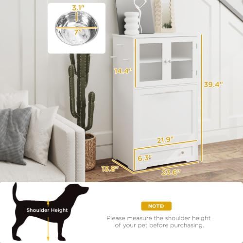 39'' Dog Feeding Station with Storage Cabinet, Wood Pet Storage Cabinet with Raised Bowls, Hidden Feeding Design, Controlled Feed Times