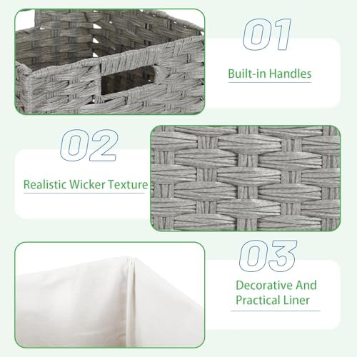 Bidtakay Wicker Cube Baskets with Liners Cube Storage Organizer for Shelves Closet 11 inch 4 Pack Decorative Hand-Woven Imitation Wicker Storage Bins for Organizing Pantry Bedroom Light Grey