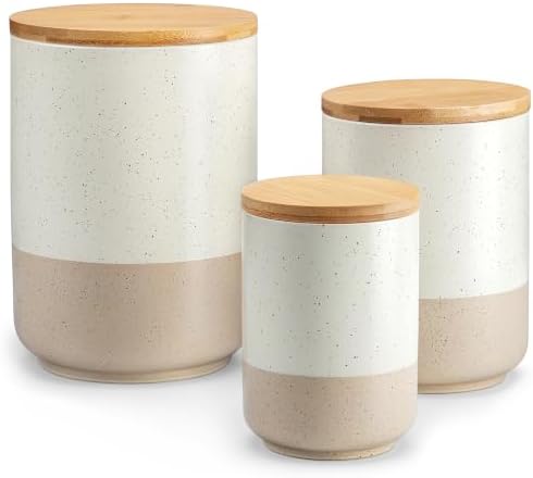 vancasso Sabine Kitchen Canister Set of 3, Ceramic Food Storage Containers with Airtight Wood Lids, Countertop & Pantry Organization for Flour, Sugar, Coffee, Tea & Snacks