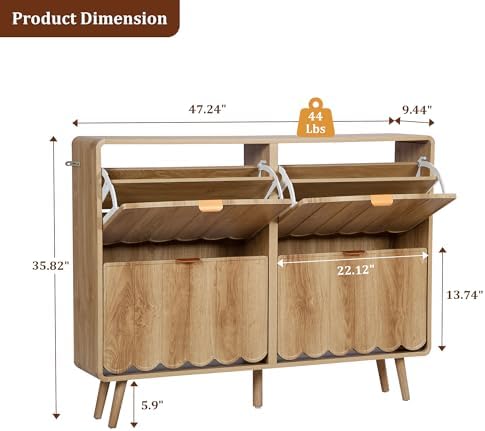 ORRD Shoe Storage Cabinet for Entryway with 4 Flip Drawers, Freestanding Narrow Wood Shoe Cabinet with Wave Panel, Hidden Shoe Organizer for Foyer, Hallway (Natural)