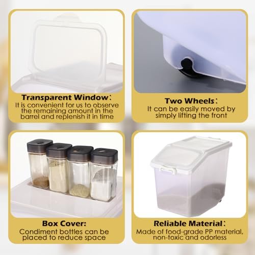 Sunnyray 4 Pcs Rice Storage Container 33.1 lb Airtight Flour Container with Wheels Measuring Cup White Pet Food Dog Cat Birds Food Bin Grain Cereal Organizer Box for Dry Baking Supplies