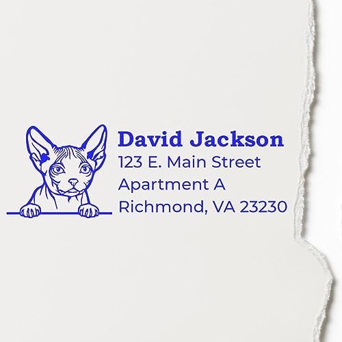 Peeking Minskin Cat Wood Handle Address Stamp - 4 Lines of Custom Text | Any standard pad works. Customised Address Stamp for Pet Sitters. Made to Order Minskin Cat Return Address Stamp.