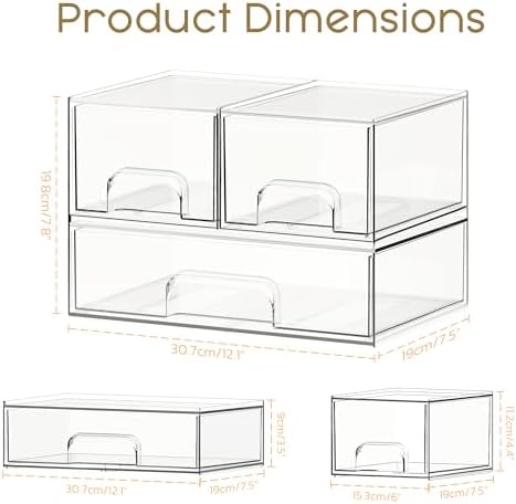 Criusia Stackable Storage Drawers, 3 Pack Clear Acrylic Makeup & Bathroom Organizer, Versatile Storage Bins for Vanity, Under Sink, Kitchen Cabinets & Pantry