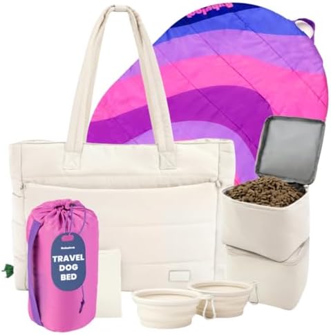 Rubyloo Dog Mom Bundle - Puffer Tote with Storage Containers (Beige) and Foldable Travel Bed (Pink Horizon) - Travel Bag and Cozy Mat Set
