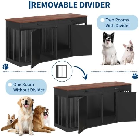 71'' Dog Crate Furniture for 2 Dogs, Dog Crate with 2 Drawer, Farmhouse Dog Crate with Removable Divider Dog Kennel Furniture, Heavy Duty Dog Cage and TV Stand for Large Medium Dogs