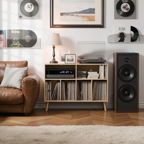 Cozy Castle Record Player Stand with Vinyl Storage Cabinet, Wood Turntable Table Open Shelf Holder Up to 350 Albums Cube Storage Organizer for Living Room, Office, Oak
