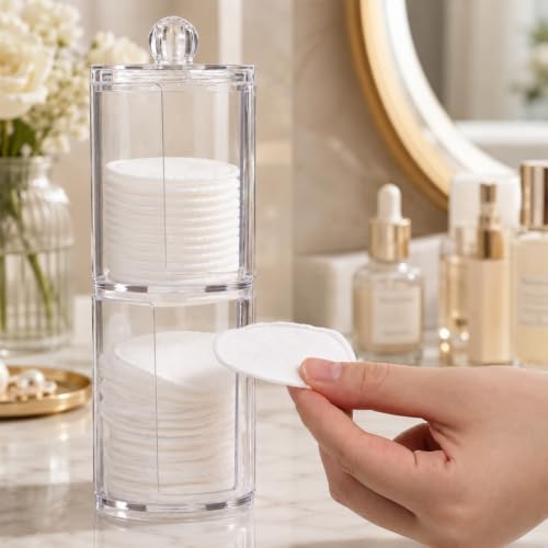 2 Pcs Cotton Round Holder with Lid Plastic Pad Dispenser | Clear Makeup Remover Pads Container, Storage Organizer for Bathroom Vanity, Plastic Jar, for Makeup Remover Pads