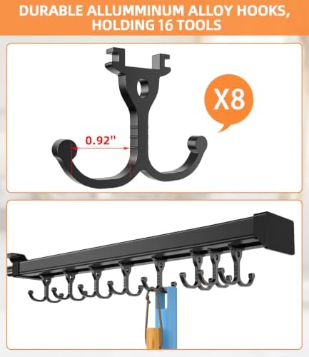 Pull Out Broom Holder With Adjustable Double Row Sliding Hook-Black 18IN | Multifunctional Slide Broom And Mop Storage/Organizer Garage Organization Hooks, for Closet Laundry Garage Kitchen