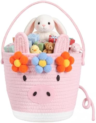 Small Woven Storage Basket with Handle, Cute Cartoon Pig Baskets for Gift Empty, Cotton Rope Storage Basket for Toy Organizer