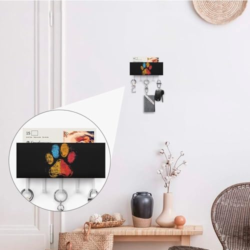 Love Pet Puppy Dog Paw Wall Mounted Key Holder Organizer with 5 Key Hooks Self Adhesive Key Hanger Rack Decor for Hallway
