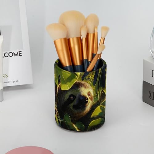 Faux Leather Pen Holder for Desk, Pencil Organizer Sloth Pen Cup Desk Decor Makeup Brush Holder Storage for Office Home