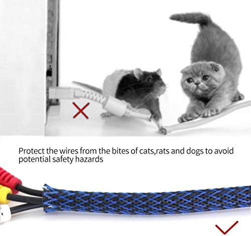 Black-Blue PET Expandable Sleeving Cord Protector Wire Loom Tubing Cable Sleeve for USB Charger Cable Power Cord Audio Video Cable Can Protect Cat Dog from Chewing Cords