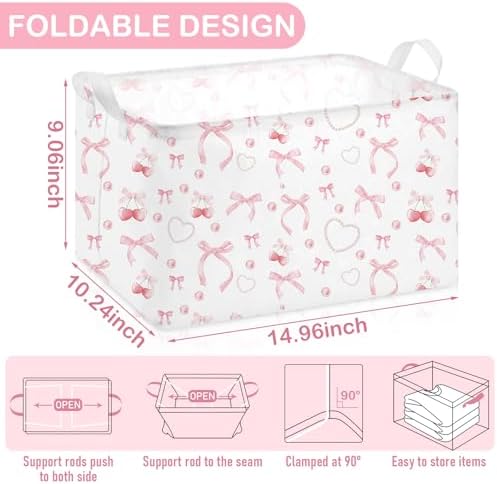 Chunful 4 Pcs Coqutte Pink Bow Storage Baskets Cute Preppy Pink Hamper Storage Bins Foldable Laundry Baskets with Handle Collapsible Organizer for Home Bathroom, Offices, Bedrooms