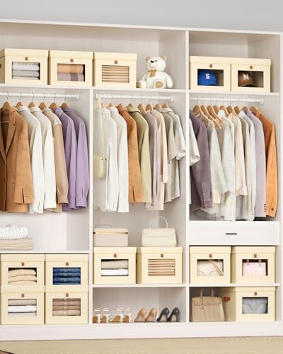 Homsorout Storage Bins with Lid – Closet Organizer with Side Opening and Clear Window, Foldable Stackable Fabric Basket for Clothes, Home, Office - 13.77" x 11.8" x 9.8", 6 Pack, Beige