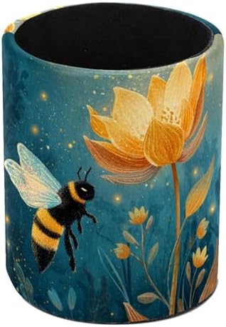Faux Leather Pen Holder for Desk, Pencil Organizer Bee Pen Cup Desk Decor Makeup Brush Holder Storage for Office Home