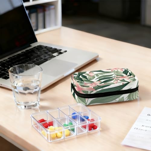 Travel Pill Organizer Tropical Pink Flowers and Leaves Pill Case