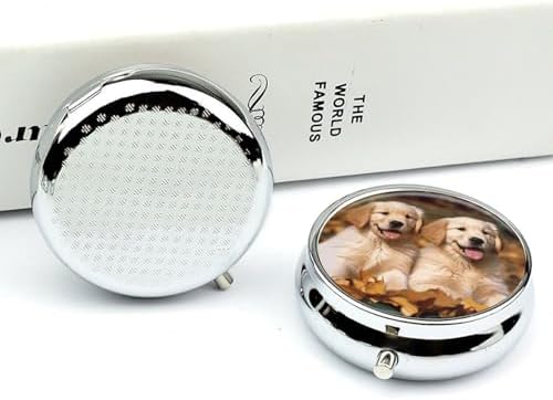 Golden Retriever Dogs Puppies Pets Pill Organizer with Mirror 3 Compartments Waterproof Pill Case for Purse Pocket Non-slip Grip Travel Medicine Organizer Container Box for Vitamin Fish Oil Supplement