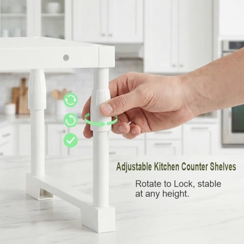 Expandable Cabinet Shelf Organizer，Adjustable Kitchen Counter Shelf,Multi-Functional Stackable Kitchen Pantry Counter Storage，Applicable to Kitchen Bathroom Cabinet Shelves White 1 Pack