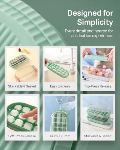 21 Cubes Press Ice Cube Tray with Lid and Storage Bin Easy Release | Fill without opening cover, PP+TPE+PET stackable odorless ice maker box for cocktail whiskey, mint green, 9.4x4.1x2.6 in