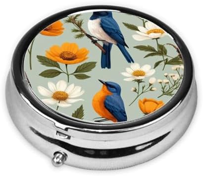 Garden Blossoming Wildflowers Birds Leaves Branches Printed Pill Organizer,Round Travel Pill Organizer Mini Medicine Pill Box for Purse Iron Plating