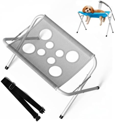 Foldable Pet Bathing Stand, Mesh‑Surface Grooming Stand for Small Pets (Grey) | Portable Dog Grooming Shower Rack with 8 Holes & Adjustable Straps, Foldable Metal Frame for Daily Pet Care and Bathing