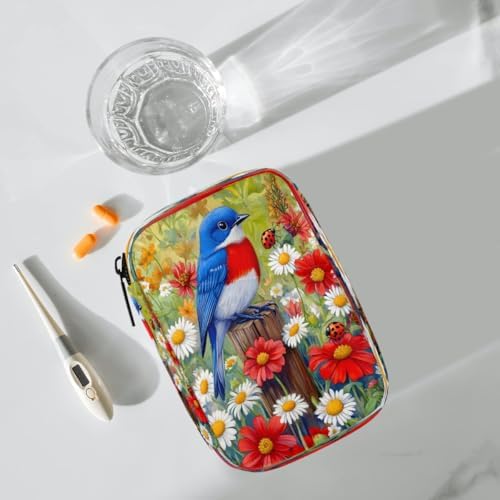 Pill Organizer Box Bird Spring Flowers 7-Day Weekly Medicine Pill Case Travel Pill Container Portable Pill Holder Storage Purse Bag Small Compact Size for Vitamin Supplement Birth Control