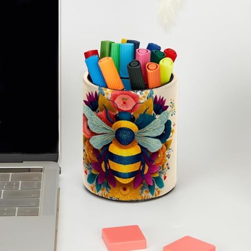 Faux Leather Pen Holder for Desk, Pencil Organizer Bee Pen Cup Desk Decor Makeup Brush Holder Storage for Office Home