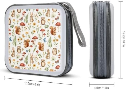 40 Capacity CD Case Holder Squirrel Mushroom Disc Wallet Organizer Binder | Portable Zipper DVD Storage with Strap for Car Office Home Travel, Hard Plastic, Cute Squirrel Owl Mushroom