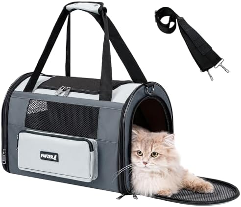 Collapsible Small Pet Carrier for Cat 15 lbs with Fashion Pocket Travel Bag | Lightweight Sturdy Little Puppy Dog Carry Crate, Breathable Stylish Kitten Soft Cage Kennel, Portable Yorkie Box Grey