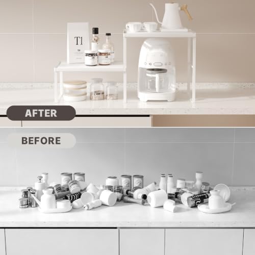 Kitchen Counter Oganizer Stackable Spice Rack for Countertop Kitchen Countertop Organizer Heavy Duty Kitchen Counter Shelf Metal Spicy Shelf for Countertop (2 Pack, White)