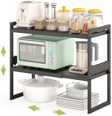 DOLALIKE Expandable Kitchen Countertop Organizer, Stackable Cabinet Shelf Organizers, Space Saving Spice Rack Pantry Storage for Bathroom Office Organization (Black, 2 Pack) | Space Saving Metal Pantry Storage Racks for Kitchen Spice Rack Pans and Unte...