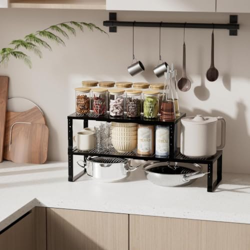 Expandable Spice Rack & Kitchen Cabinet Organizer - Stackable, Adjustable Shelves for Cabinets, Countertops, Cupboards & Pantries(3 Packs/Medium/Black)