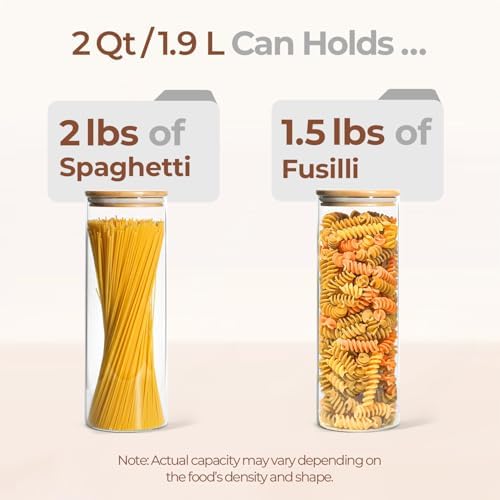 ComSaf Pasta Containers Storage 2 Qt, Spaghetti Container, 3 Pack Glass Jar | 11.3-inch Tall Glass Canisters, Glass Storage Containers with Lids, Noodles, Cereal, Oats, Kitchen Dry Food Storage, BPA Free