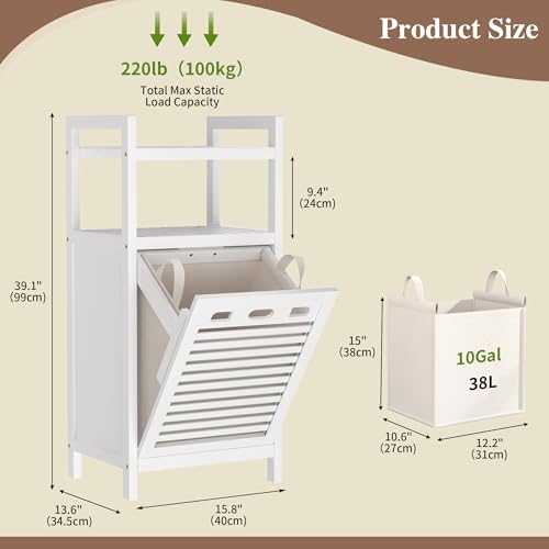 VASMIA Tilt Out Laundry Hamper,Bamboo Laundry Storage Cabinet with Shelf,10 Gal Hidden Laundry Basket Organizer for Bathroom,Laundry Room,White
